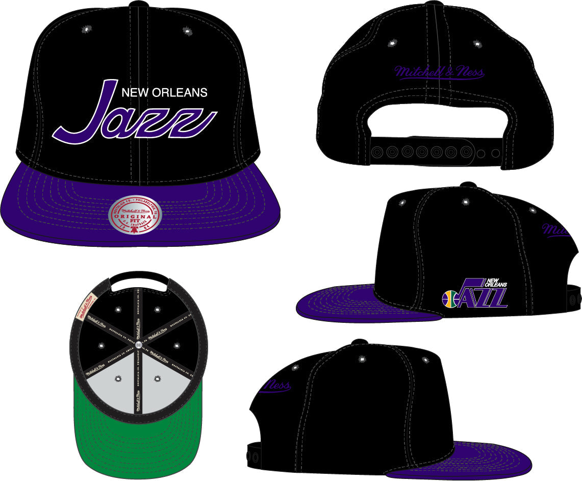 New Orleans Jazz Hardwood Classics Team Script 2.0 2 Tone Black/Purple Mitchell & Ness Snapback Hat