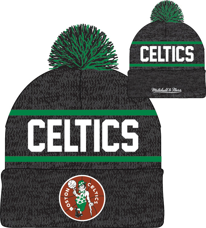 Boston Celtics Mitchell & Ness NBA Reload 2.0 Gray Cuffed Pom Knit Hat