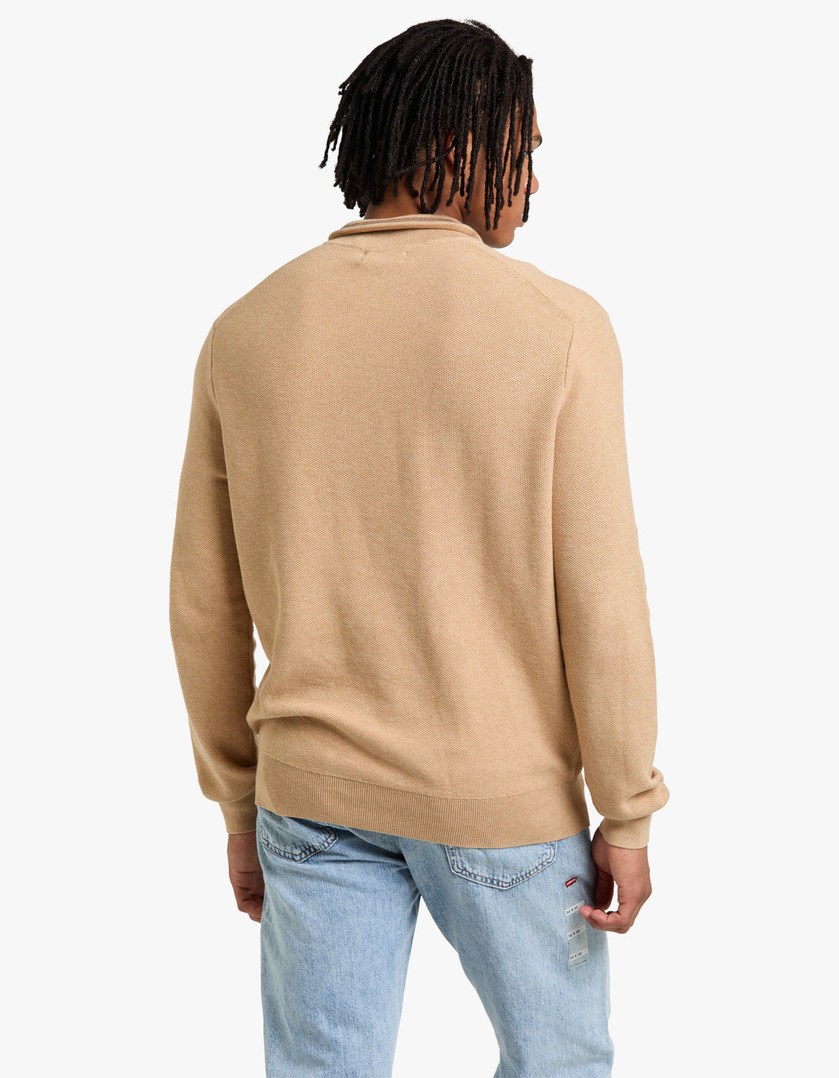 Mesh Knit Cotton Quarter Zip Sweater - Camel Melange
