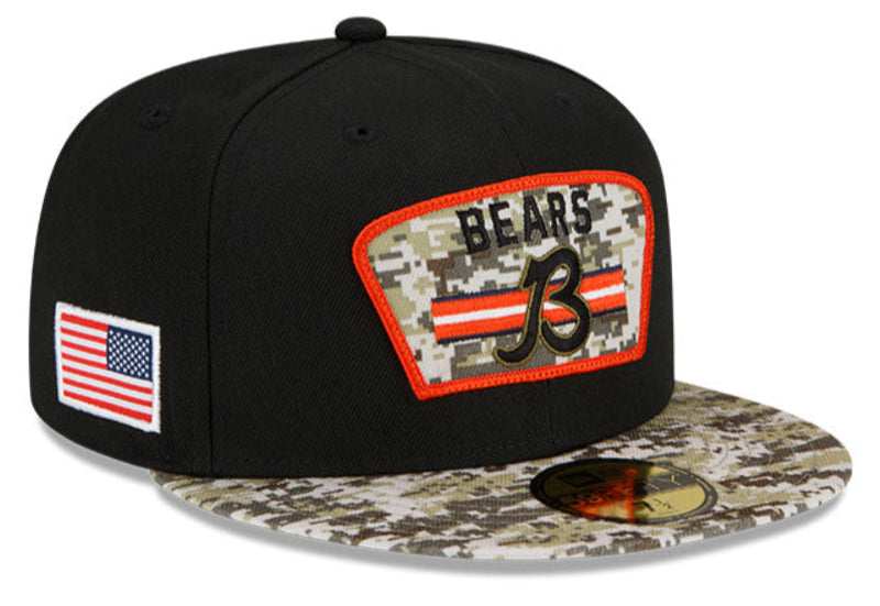 Men's Chicago Bears B Logo New Era Black/Camo 2021 NFL Sideline Salute To Service 59FIFTY Fitted Hat