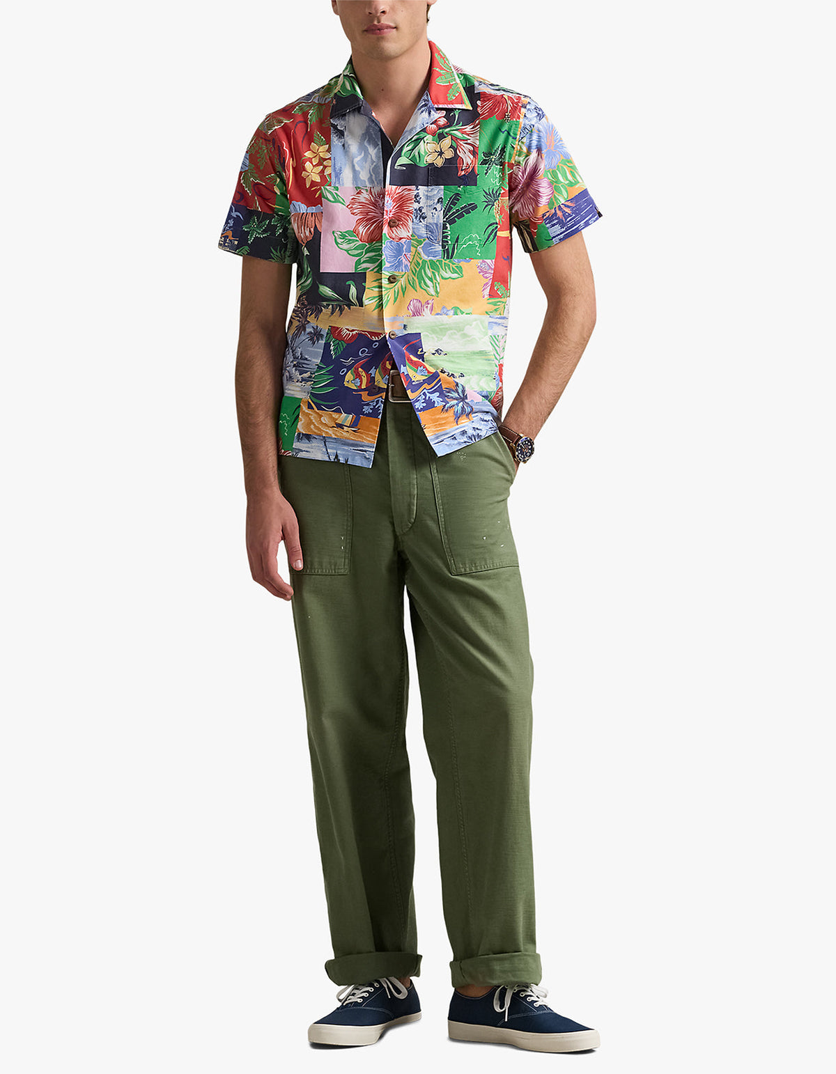 Classic Fit Patchwork Print Oxford Shirt- 6713 Beach Bazaar Patchwork