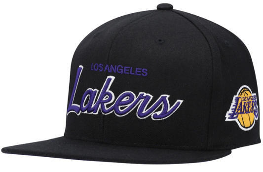 Mens NBA Los Angeles Lakers Black Foundation Script Snapback Hat By Mitchell And Ness