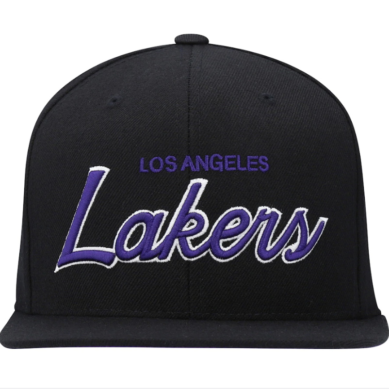 Mens NBA Los Angeles Lakers Black Foundation Script Snapback Hat By Mitchell And Ness