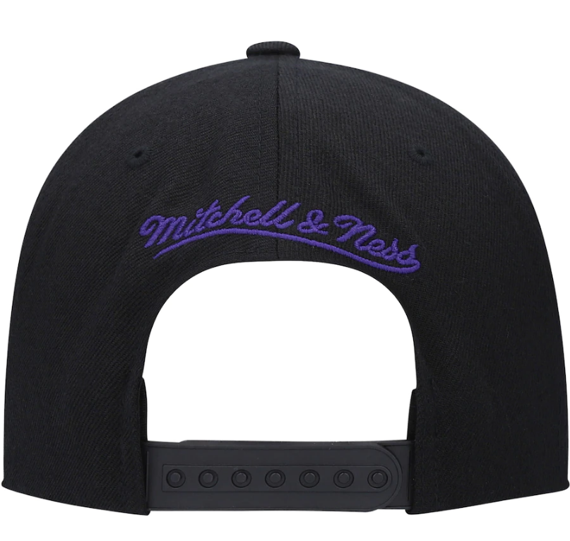 Mens NBA Los Angeles Lakers Black Foundation Script Snapback Hat By Mitchell And Ness
