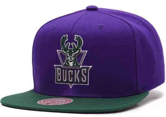 Men's Milwaukee Bucks 2 Tone Purple/ Green Mitchell & Ness NBA Core Basic Hardwood Classics Snapback Adjustable Hat