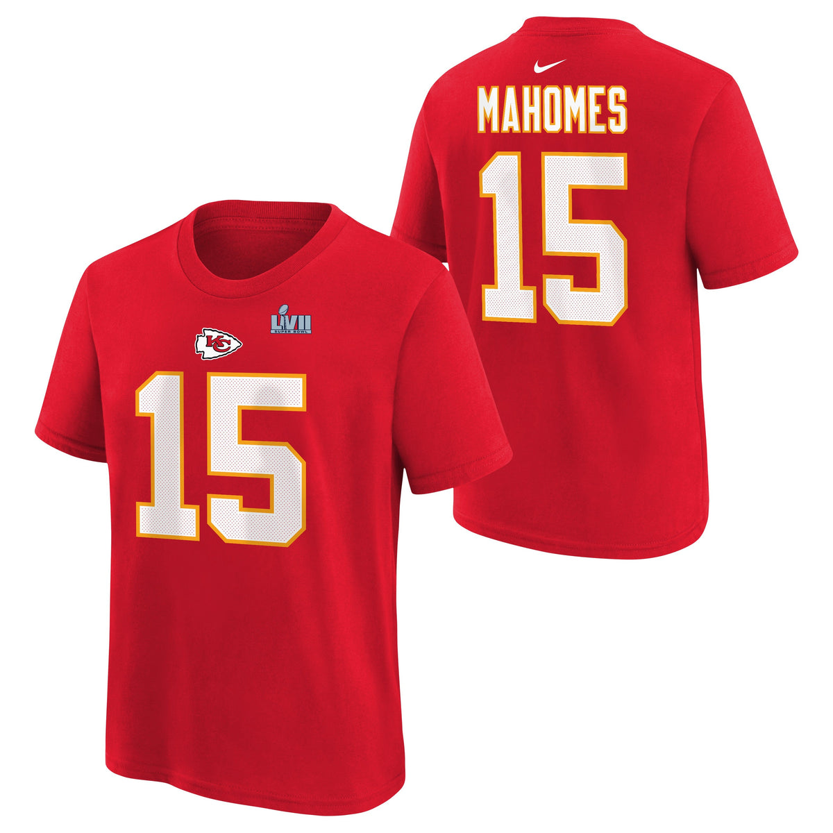 Youth Kansas City Chiefs Patrick Mahomes Nike Red Super Bowl LVII Name & Number T-Shirt