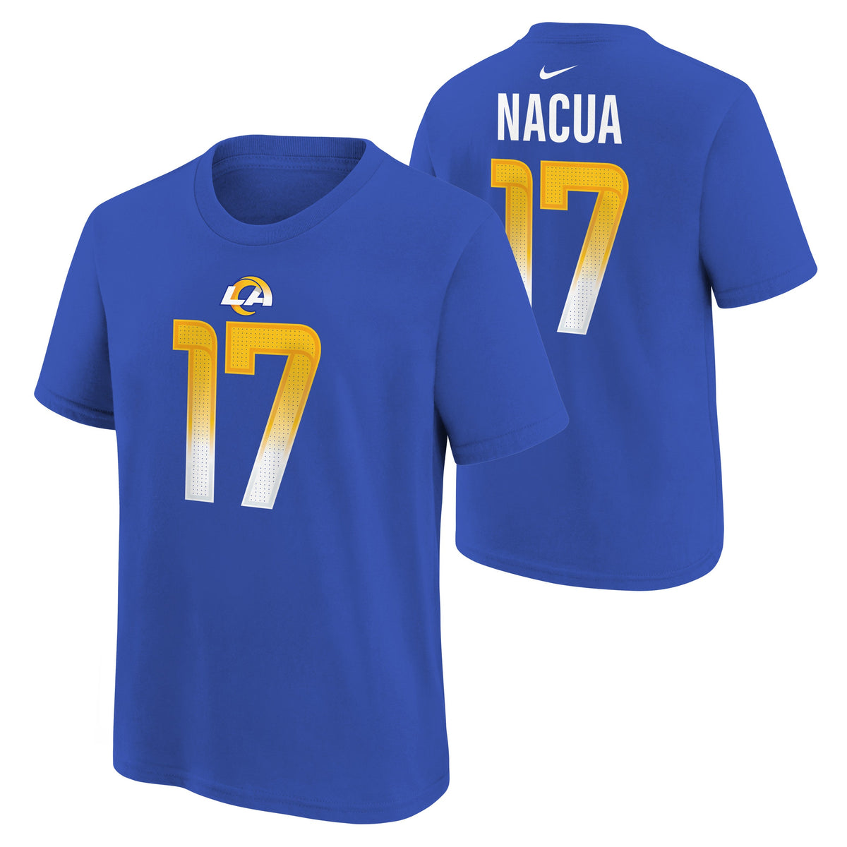 Youth Puka Nacua Los Angeles Rams Rookie #17 Royal Blue Nike FUSE Name and Number Tee