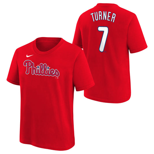 Youth Philadelphia Phillies Trea Turner Nike Red Player Name & Number T-Shirt