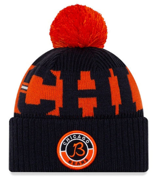 Men's Chicago Bears New Era Navy/Orange 2020 NFL Sideline Official Alternate B Logo Sport Pom Cuffed Knit Hat