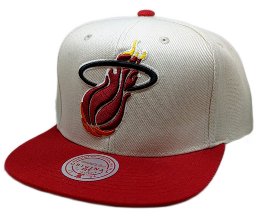 Miami Heat Mitchell & Ness Hardwood Classics Natural 2 Tone Snapback Hat- Cream/Red