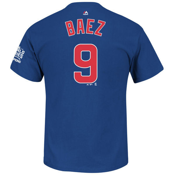 Mens Chicago Cubs Javier Baez Majestic Royal 2016 World Series Champions Name & Number T-Shirt